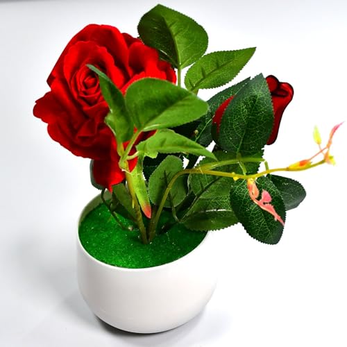 Image of Artificial Rose Flower Plant with Pot, for Home Office Or Gift