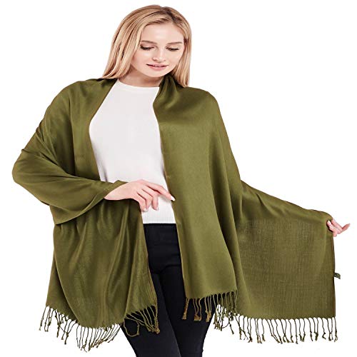 CJ Apparel Olive Green Solid Color Tassels Design Nepalese Shawl Seconds Scarf Wrap Stole Throw Head Wrap Pashmina Hand Made in Nepal New2