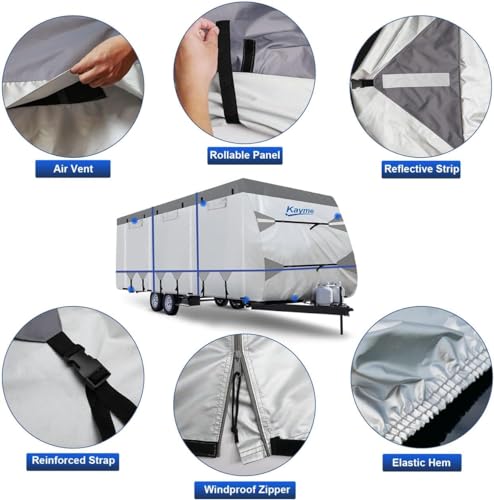 Image of Kayme 300D Oxford Travel Trailer RV Cover, Tearproof Waterproof Windproof 28-31ft Camper Cover, RV Tarp Anti-UV Snowproof with Zipper Door, Wind Protector Straps，4 Tire Covers, and Jack Cover.