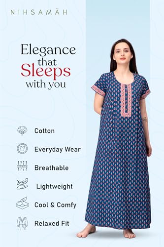 Image of NIHSAMAH Cotton Nighty for Women with Pocket, Premium Printed Long Nighty | Comfortable & Fancy Sleepwear /Nightwear