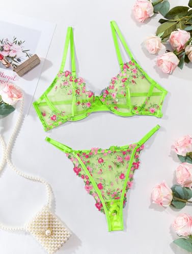 Image of Lilosy Sexy Floral Embroidered Mesh Sheer Underwire Lingerie Set
