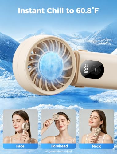 Image of Aecooly Mighty Portable Handheld Fan with Cooling Plate | 20H Max Cooling Time | 3 Flexible Modes | 5 Speeds Wind | Battery Level Display | Mini Personal Battery Powered, Gifts for Women, Travel-Beige