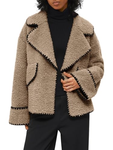 Cicy Bell Womens Sherpa Fleece Jacket Casual Collar V Neck Fuzzy Coats Contrast Trims Open Front Winter Outwear2