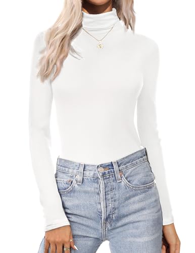 Zeagoo Camiseta Manga Larga Mujer Cuello Alto Camisetas Basica Ajustada T Shirt Térmicas Sólido Camisa Ligero Elástico Suéter Blanco XL