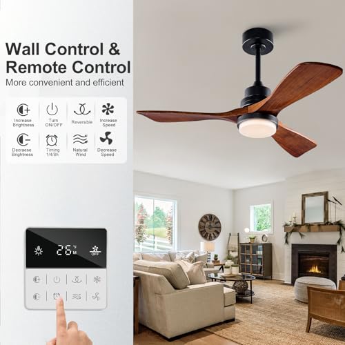 Image of 42 Inch Outdoor Ceiling Fans with Lights and Remote Control, Dimmable Outdoor Ceiling Fans for Patios 3 Blade Wood Black Walnut Bedroom Ceiling Fan with Light, Wall Switch