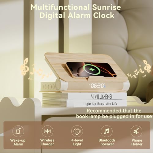 Image of Vivilumens Alarm Clocks Bluetooth Speaker Dual Charging Wireless Bedside Lamp Night Light for Adults Teens with Book Shape Sunrise Wake Up Light for Bedroom Home Decor Gifts for Father(Wooden Grain)