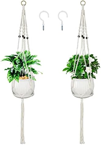 2Pack Macrame Plant Hanger for 5 to 10 Inch Plant Pots Hanging Plant Holder Handmade White Cotton Rope Flower Pot Holder Basket plant holder Suitable for Herb and Flower Indoor Outdoor Boho Home Decor