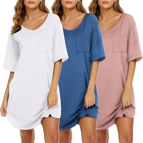 Image of Ekouaer Nightgowns for Women 3 Pack Sleepshirt Short Sleeve Nightshirt V Neck Sleepdress Oversized Sleepwear