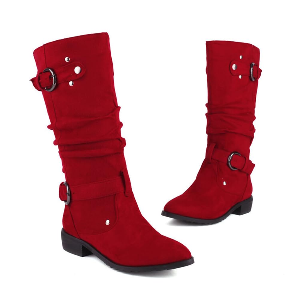 Womens Knee High Boots Stretchy Fashion Riding Boot Flat Low Heel Buckle Strap Winter Motorcycle Shoes