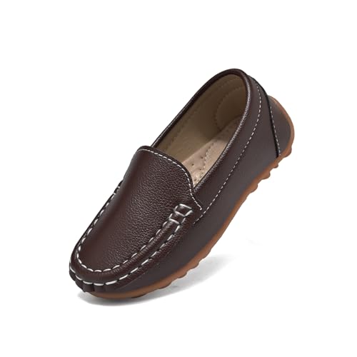 Yeeteepot Mocasines de PU Cuero para Niños Chicos Chicas Moda Loafers Casual Barco Zapatos Plano Antideslizantes Oxfords Comode Caminar Zapatos Marrón Oscuro 35 EU = Etiqueta 36