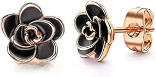 Gilieyer Rose Flower Stud Earrings for Women, 18K Gold Plated Enamel Craft Black Rose Flower Earrings Cute Earrings Jewelry Gifts for Girlfriend Mother's Day