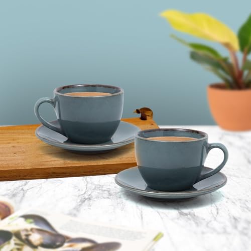 Image of 'Ocean Mist Blue' Durable Ceramic Tea Cup with Saucer Set of 12pcs(6Cup & 6Saucer) | Elegant Chai Cup | Microwave & Dishwasher Safe | Drinkware for Home, Office, Cafe, Guests Serving & Gifting