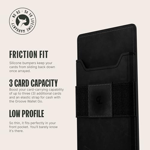 Groove Life Black Leather Groove Wallet Go - Men's Minimalist Interchangeable microsuction technology Credit Card Holder with Magsafe, cash strap. Lifetime Coverage3