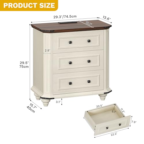 DWVO Nightstand Set of 2 with Charging Station, Farmhouse Bedside Table with 3 Drawers, Wood Night Stand w/Storage, Rustic Bed Side End Table for Bedroom Dorm Small Space, White