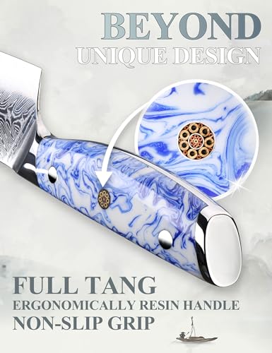 SHANGDAO Coltello da chef Kiritsuke da 8 pollici, Coltello da cucina per affettare in acciaio di Damasco forgiato con manico in resina blu e bianca - Codolo completo - Serie HUA - immagine 4