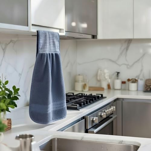 Image of Hand Towel with Loop | 600 GSM | Hanging Napkin for Wash Basin, Kitchen Sink, Bathroom| Pack of 3 in (Grey, Blue and Cream) | Assorted