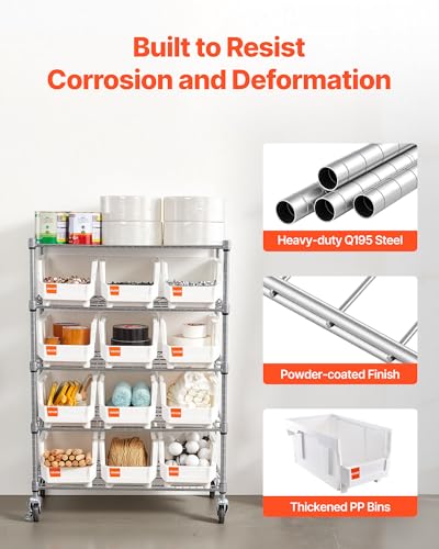 Image of VEVOR 5-Tier Rolling Bin Storage Rack, 12 Organizer Bins, Bin Rack Storage Steel Wire Shelving System with Wheels, Mobile Tool Organizer for Garage, Warehouse, Office, Restaurant, Classroom, Kitchen
