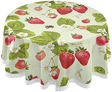 Red Strawberry Printed Round Tablecloth Washable Polyester Lace Trim,Spring Vibrant Fruits 60 Inch Kitchen Circle Table Cloth Cover Mat for Party Dinning Tabletop Wedding Home Decor