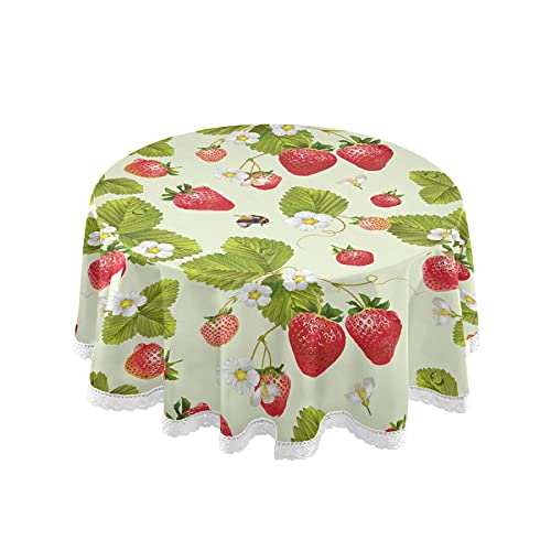 Red Strawberry Printed Round Tablecloth Washable Polyester Lace Trim,Spring Vibrant Fruits 60 Inch Kitchen Circle Table Cloth Cover Mat for Party Dinning Tabletop Wedding Home Decor