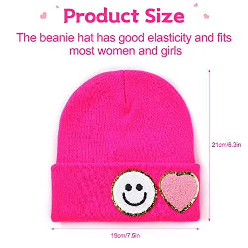 3 Pcs Preppy Smile Face Beanie Hat Winter Pink Knit Cap With Embroidered Smile Patch For Girls Women Kids #TOP4