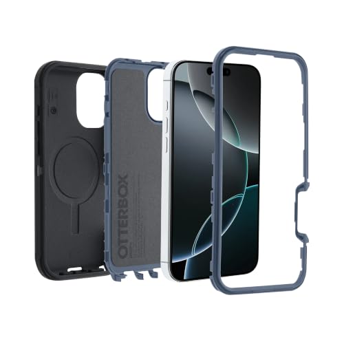 Image of OtterBox iPhone 16 Pro Max (Only) Defender Series MagSafe Case - Black Denim (Black & Blue) - Built-in Magnets - Screenless - Rugged & Durable - with Port Protection