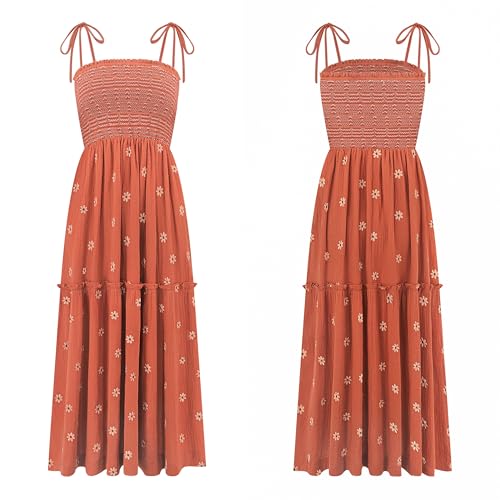 Image of R.Vivimos Womens Summer Cotton Boho Midi Dress 2026 Spaghetti Strap Floral Embroidered Smocked Tiered Flowy Long Dresses