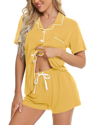Image of SWOMOG Womens Button Down Pajamas Set Short Sleeve Sleepwear Bride Soft Pj Lounge Sets XS-3XL