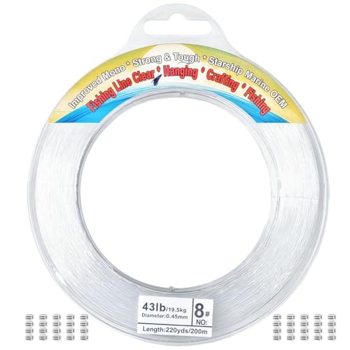 Aboda Clear Fishing Line 0.2-1 mm, Strong Invisible Nylon Fishing Wire 8-100 lb Test Includes Crimp Sleeves, Clear String for Hanging Decorations Balloons Garlands Crafts & Jewelry