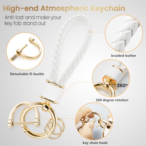 Image of Car Key Fob Cover, White Braided Loop Keychain Case, Gold Edge