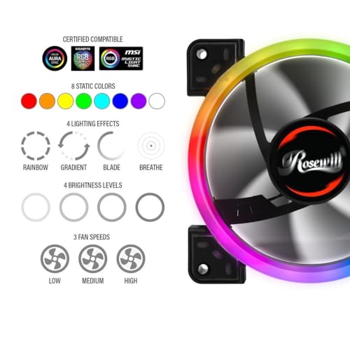 Image of Rosewill RGBF-23001 120mm Dual Ring Addressable RGB Case Fan Hub Set, True RGB LED Case Fans (5-Pack) and 8-Port Fan Hub, Ultra Quiet Cooling with Long Life Rifle Bearings