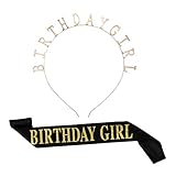 Rubywoo&chili Birthday Girl Tiara Krone Geburtstag, Mädchen Glitter Brief Geburtstag Stirnband, Mädchen Satin Schärpe für Party Dekorationen Lieferungen (Schwarz)