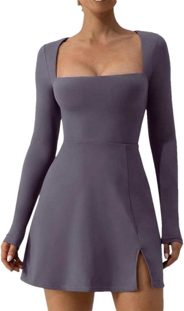 Women's Solid Color Casual Basic Long Sleeved Square Neck High Slit Hem Party Short Mini A-Line Dress