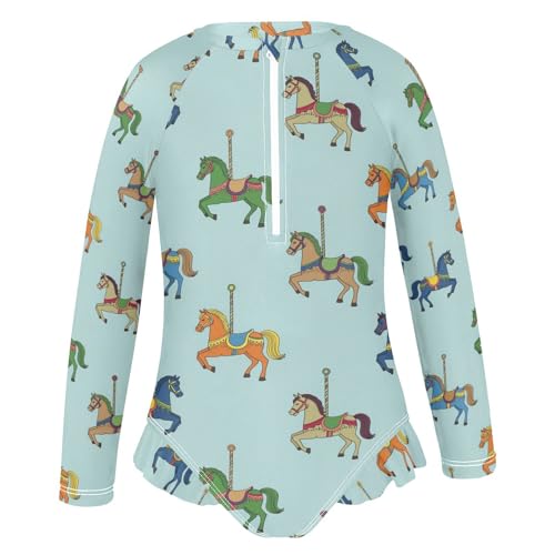 Carousel Horses on Blue Girls Rash Guard Swimsuits Long Sleeve One Pieces Bathing Suit UPF 50+ Zipper Swimwear2