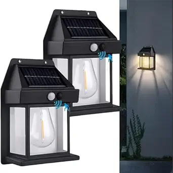 upsimples 2PCS Solar Decor Lights, Wireless Dusk to Dawn Porch Lights Fixture, Solar Wall Lantern with 3 Modes & Motion Sensor, Waterproof Exterior Lighting with Clear Panel (Pack of 2)