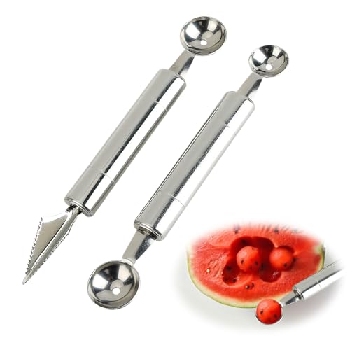 2PCS Paquet de Cuillère À Boule de Melon,À Fruits Double Face, 20 cm Cuillère Parisienne de Melon 2 en 1, Cuillere Parisienne en Acier Inoxydable avec...