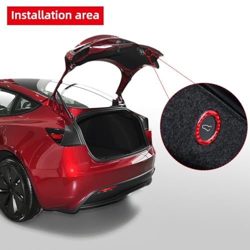Image of BETTERHUMZ Car Rear Trunk Tailgate Switch Button Trim Compatible with Tesla Model 3 2020-2023 Model Y 2020-2024 Carbon Fiber Remind Sticker Interior Accessories (Red)