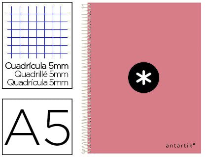 Antartik Cuaderno espiral liderpapel a5 tapa dura 80h 100 gr cuadro 5mm color coral
