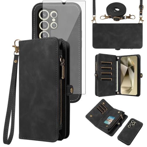 Coque portefeuille amovible pour Samsung S24 Ultra avec verre trempé et zippe