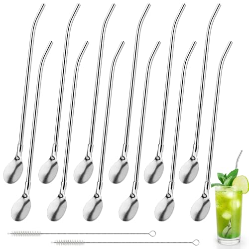 14 Pcs Trinkhalmlöffel Strohhalm mit Löffel mit 2 Stück Reinigungsbürste Edelstahl Trinkhalmlöffel Strohhalm Löffel Wiederverwendbare 2 in 1 Strohhalme für Smoothies Milchshakes Cocktail Kaffee