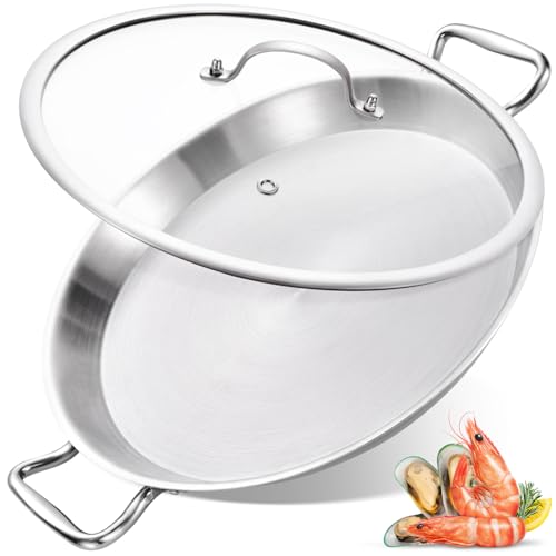 Image of LOLYKITCH 14 Inch Tri-ply Stainless Steel Paella Pan with Lid, Detachable Handle Skillet, Induction Compatible Flat Bottom, Rust Proof & Warp Resistant, Large Oven Safe Cookware for Family of 5-8