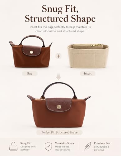 Image of Purse Organizer Insert & Leather Strap Conversion Kit Set, Compatible with Longchamp Le Pliage Mini Bag - Felt Inner Liner & Adjustable Shoulder Strap, Beige Insert & Beige Strap