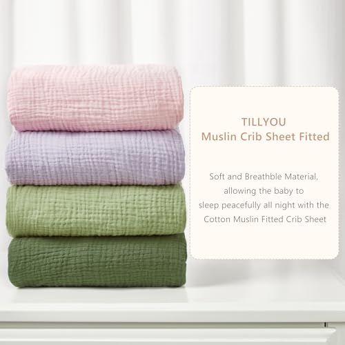 Image of TILLYOU 2 Pack Muslin Crib Sheet for Boys and Girls - 100% Cotton Fitted Crib Sheet for Toddler Standard Crib Mattress, Soft and Breathable, 52 inchx28 inch, Forest Green&Light Green