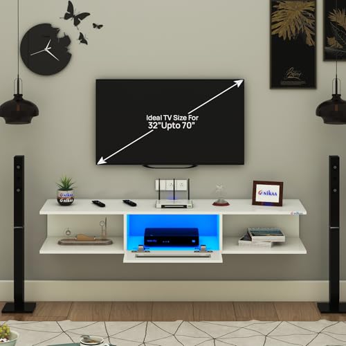 Image of Anikaa Vetra Wall Mount Modern Floating TV Unit for Living Room with Open Shelf Storage Cabinet & Middle Cabinet Blue LED Light (Ideal for 32 to 65 inch TV, DIY Installation, White Finish)