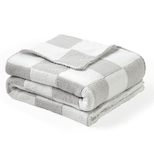 Image of CREVENT 30 inchX40 inch Cozy Soft Warm Chenille Baby Blanket for Girls Boys, Newborn Essentials for Infant, Baby Shower Receiving Gift - Checked Grey 75X100cm