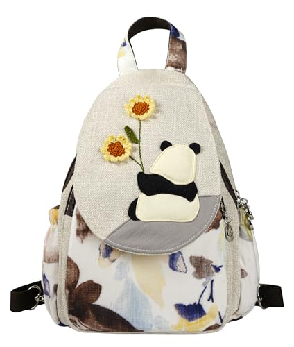 Image of Small Canvas Backpack, Retro Boho Washed Hippie for Women Daily Commute (Panda Decorations)