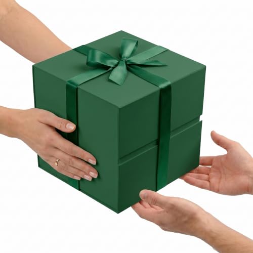 Image of LIFELUM Dark Green Cube Gift Box with Lid 8.6 x 8.6 x 8.6 inch, 1 Pack Magnetic Gift Box Contains Card, Ribbon, Shredded Filler for Wedding, Christmas, Birthday Presents