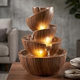 LED Zimmerbrunnen Springbrunnen Innen- & Außenbrunnen aus Polyresin, 39 cm hoch, mit warmweißen LED-Spots, Gartenbrunnen – Deko Brunnen für Wohnzimmer, Büro & Garten (Nussbaum Holzoptik)