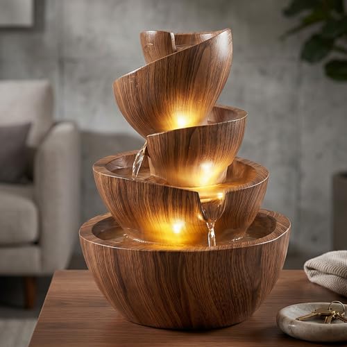 LED Zimmerbrunnen Springbrunnen Innen- & Außenbrunnen aus Polyresin, 39 cm hoch, mit warmweißen LED-Spots, Gartenbrunnen – Deko Brunnen für Wohnzimmer, Büro & Garten (Nussbaum Holzoptik)