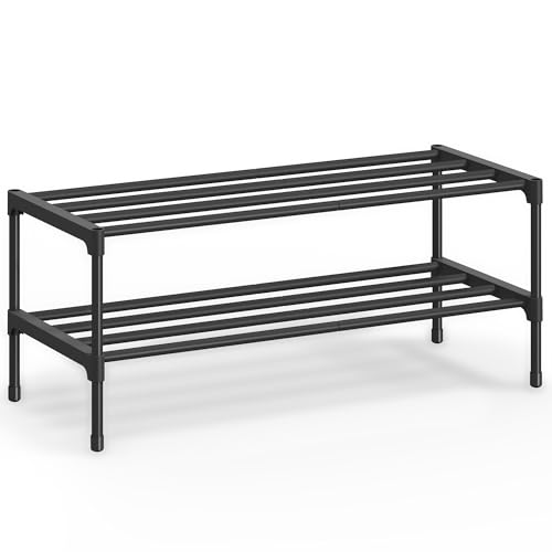 Image of SONGMICS 2-Tier Shoe Rack for Closet, Compact Metal Shoe Organizer Shelf for Entryway, Bedroom, Small Spaces, Stackable, 11.8 x 24.5 x 12.2 Inches, Black ULSA122BH01