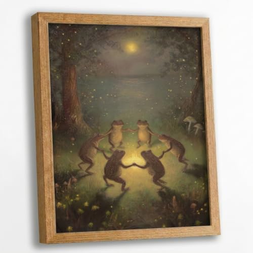 REWBKFIM Whimsical Dancing Frogs Framed Wall Art, Fairy Tale Forest Night with Magical Fireflies and Mushrooms, Giclee Print on Wood Frame for Living Room, Cottagecore Decor (16x24 Inch)